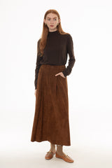 Camel Microsuede Flared Maxi Skirt