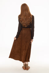 Camel Microsuede Flared Maxi Skirt