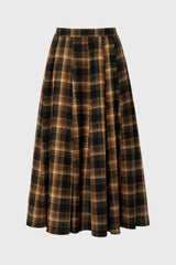Camel Multi Plaid Flare Maxi Skirt
