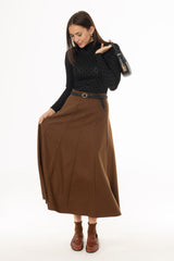 Camel Paneled Wool Feel Maxi Skirt