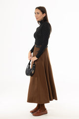Camel Paneled Wool Feel Maxi Skirt