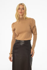 Camel Puff Sleeve Knit Turtleneck Sweater