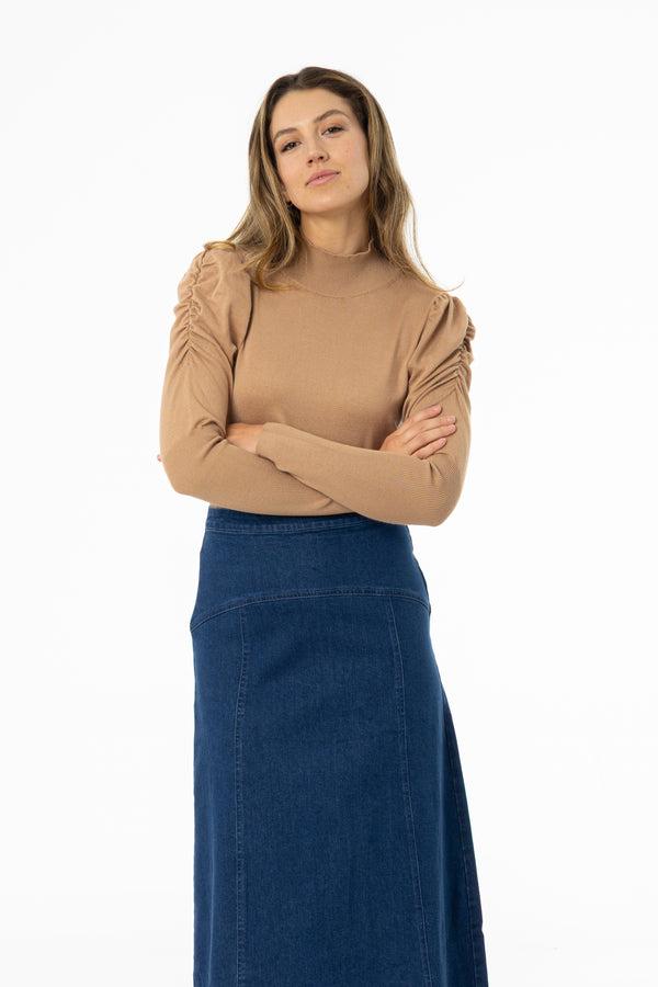 Camel Puff Sleeve Knit Turtleneck Sweater