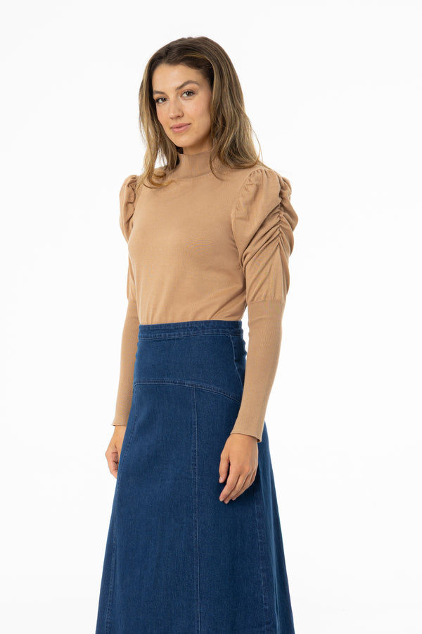 Camel Puff Sleeve Knit Turtleneck Sweater