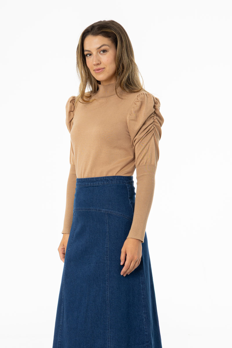 Camel Puff Sleeve Knit Turtleneck Sweater