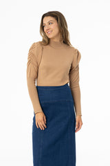 Camel Puff Sleeve Knit Turtleneck Sweater