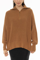 Camel Ribbed Knit Quarter Zip Sweater
