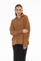 Camel Ribbed Knit Quarter Zip Sweater