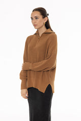 Camel Ribbed Knit Quarter Zip Sweater