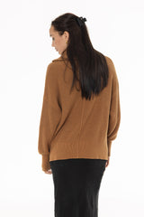 Camel Ribbed Knit Quarter Zip Sweater