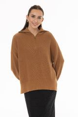 Camel Ribbed Knit Quarter Zip Sweater