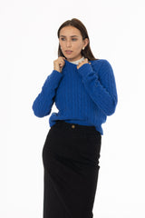 Cobalt Blue Cable Knit Crewneck Sweater