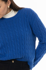 Cobalt Blue Cable Knit Crewneck Sweater