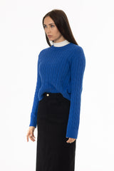 Cobalt Blue Cable Knit Crewneck Sweater