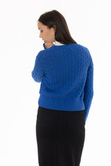 Cobalt Blue Cable Knit Crewneck Sweater