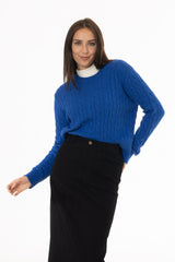 Cobalt Blue Cable Knit Crewneck Sweater