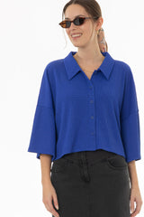 Cobalt Blue Seersucker Cropped Blouse