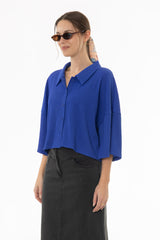 Cobalt Blue Seersucker Cropped Blouse