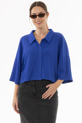 Cobalt Blue Seersucker Cropped Blouse