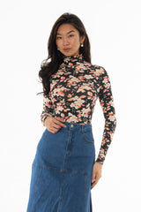 Coral Flower Printed Turtleneck Top