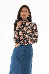 Coral Flower Printed Turtleneck Top