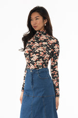 Coral Flower Printed Turtleneck Top