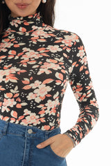 Coral Flower Printed Turtleneck Top