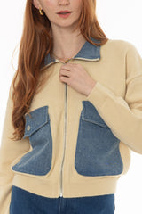 Cream Combo Zip Up Sweater