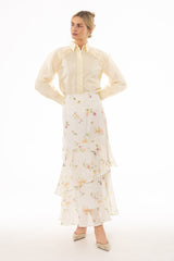 Cream Floral Printed Ruffle Maxi Skirt