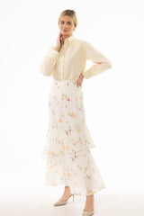 Cream Floral Printed Ruffle Maxi Skirt