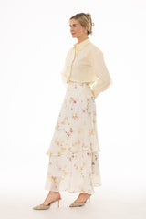 Cream Floral Printed Ruffle Maxi Skirt