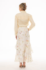 Cream Floral Printed Ruffle Maxi Skirt