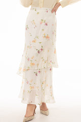 Cream Floral Printed Ruffle Maxi Skirt