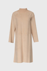 Cream Ribbed Turtleneck Microsuede Dress