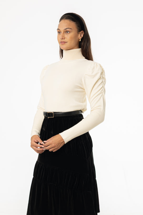 Cream Puff Sleeve Knit Turtleneck Sweater