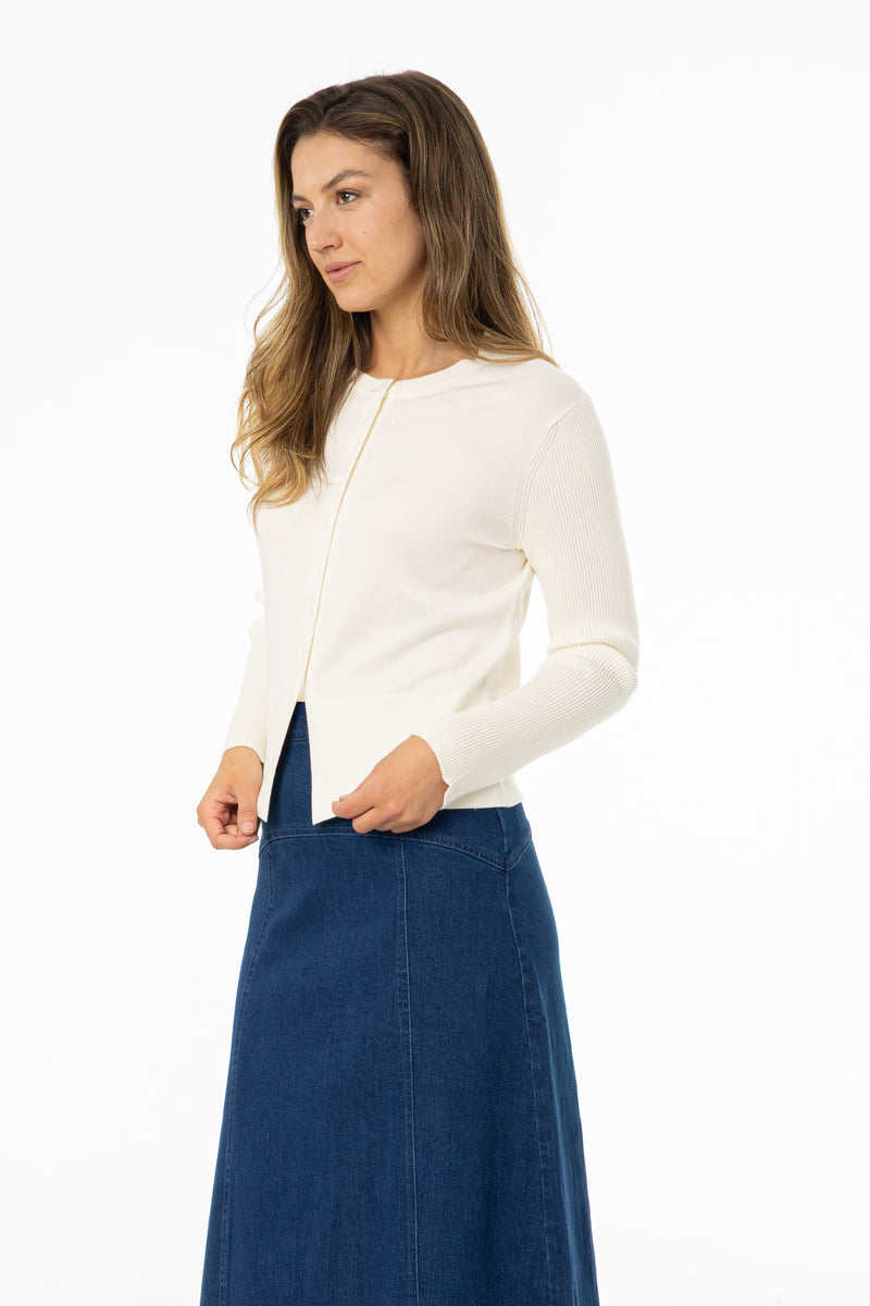 Cream Ribbed Sleeve Cardigan