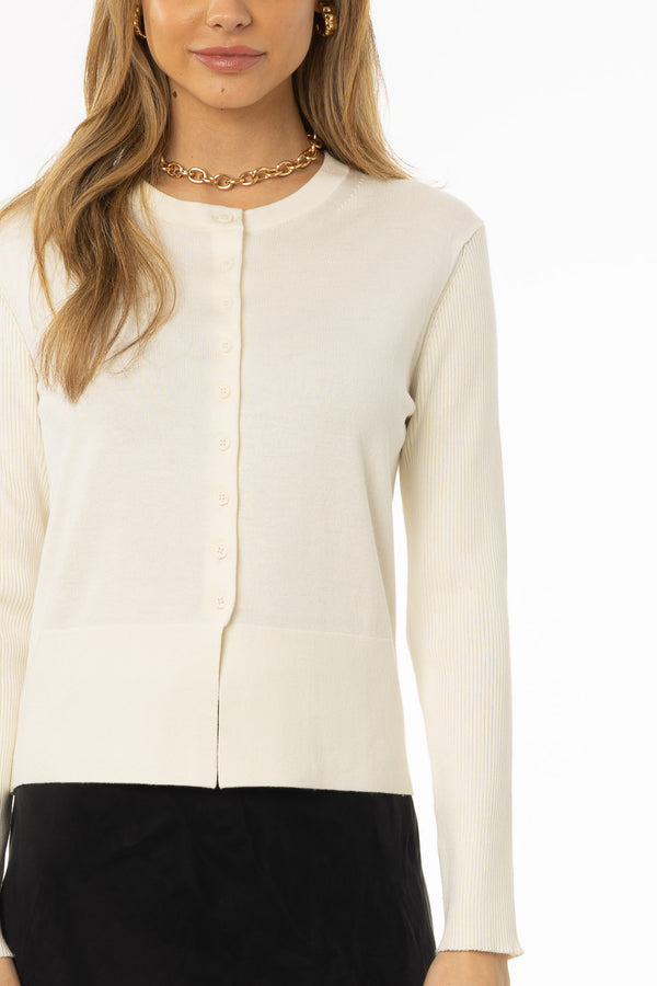 Cream Ribbed Sleeve Cardigan