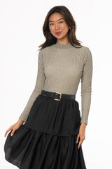 Cream Striped Mesh Mock Neck Top
