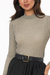 Cream Striped Mesh Mock Neck Top