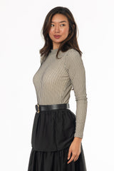 Cream Striped Mesh Mock Neck Top
