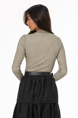 Cream Striped Mesh Mock Neck Top