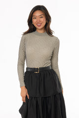 Cream Striped Mesh Mock Neck Top