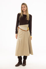 Cream Textured Faux Leather Midi Skirt