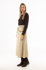 Cream Textured Faux Leather Midi Skirt
