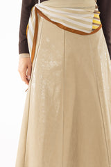 Cream Textured Faux Leather Midi Skirt