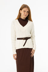 Cream V-Neck Cable Knit Sweater