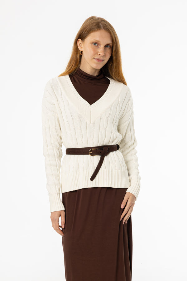 Cream V-Neck Cable Knit Sweater