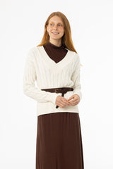 Cream V-Neck Cable Knit Sweater