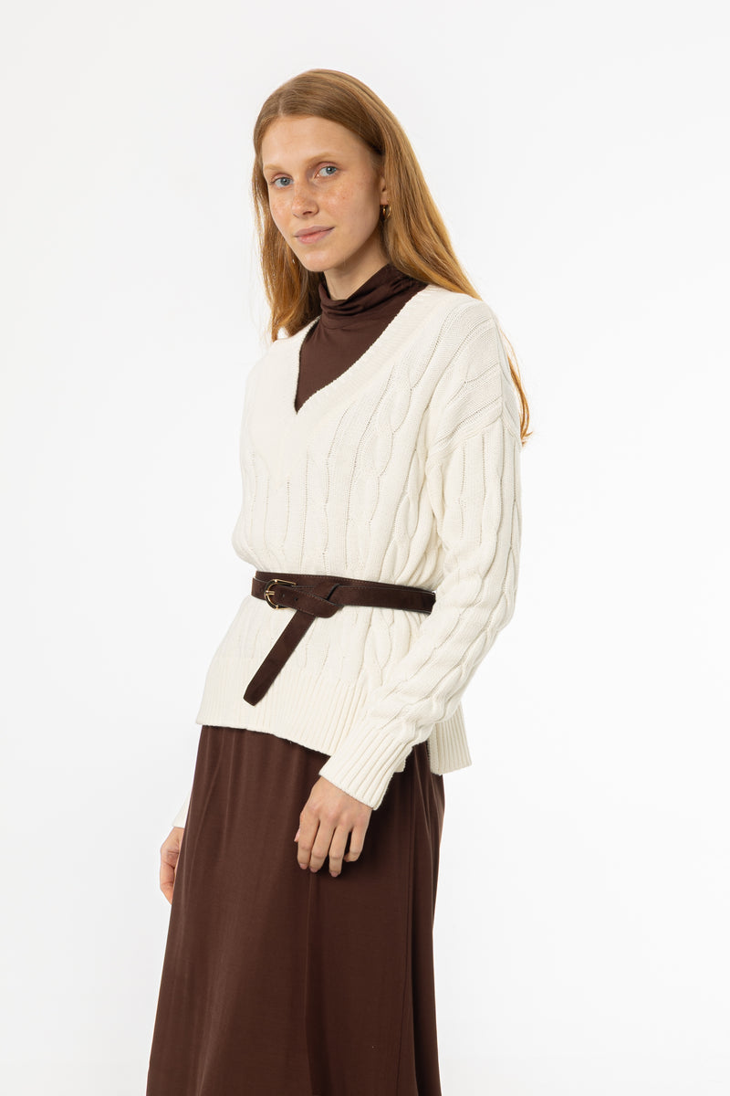 Cream V-Neck Cable Knit Sweater