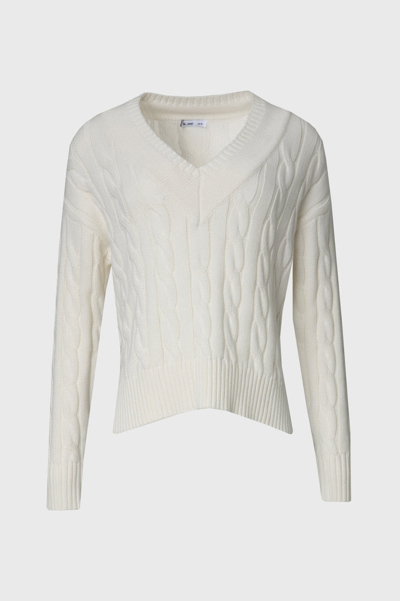 Cream V-Neck Cable Knit Sweater